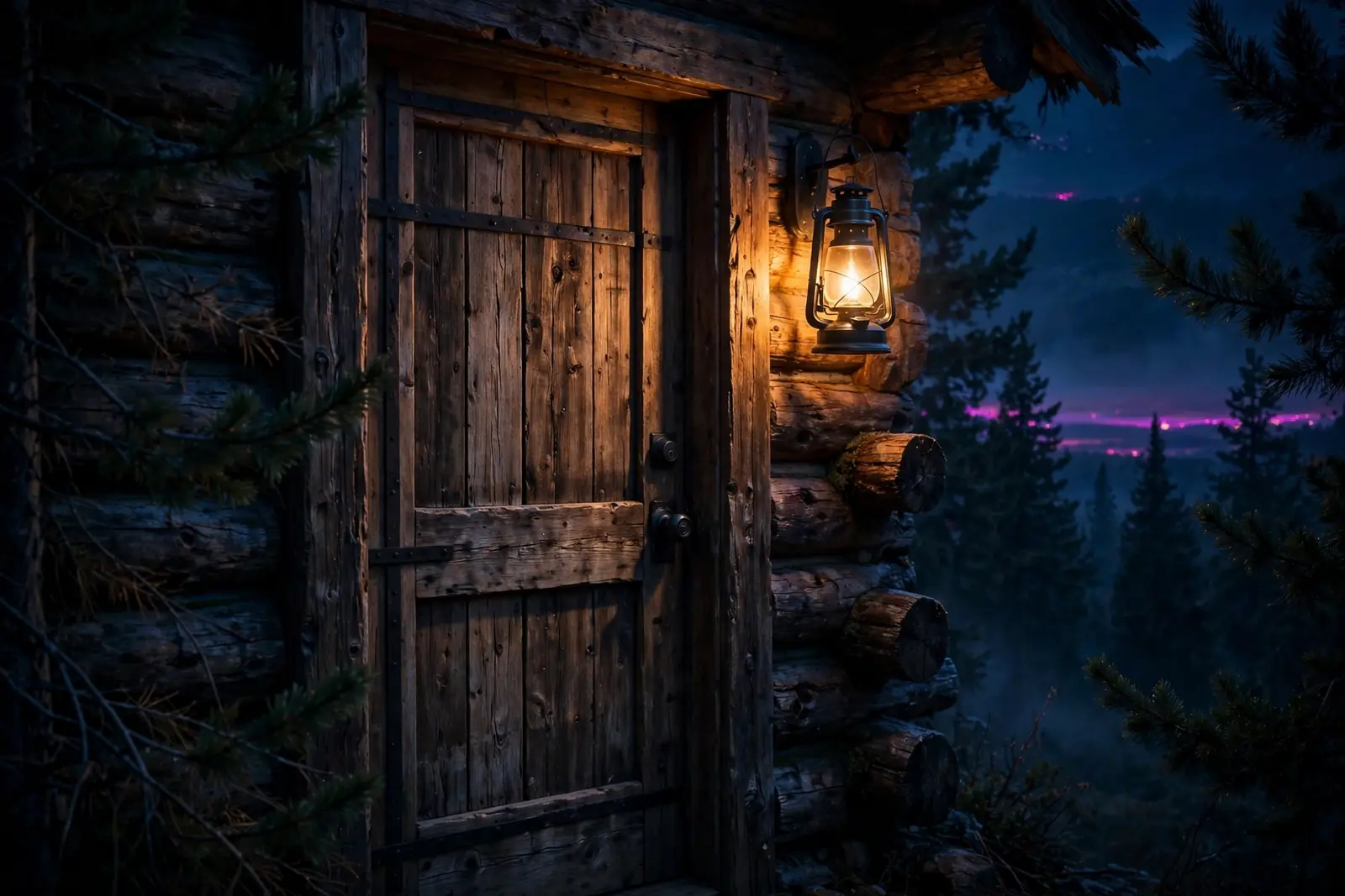 A mountain cabin door at night, porch light on, deadbolt locked