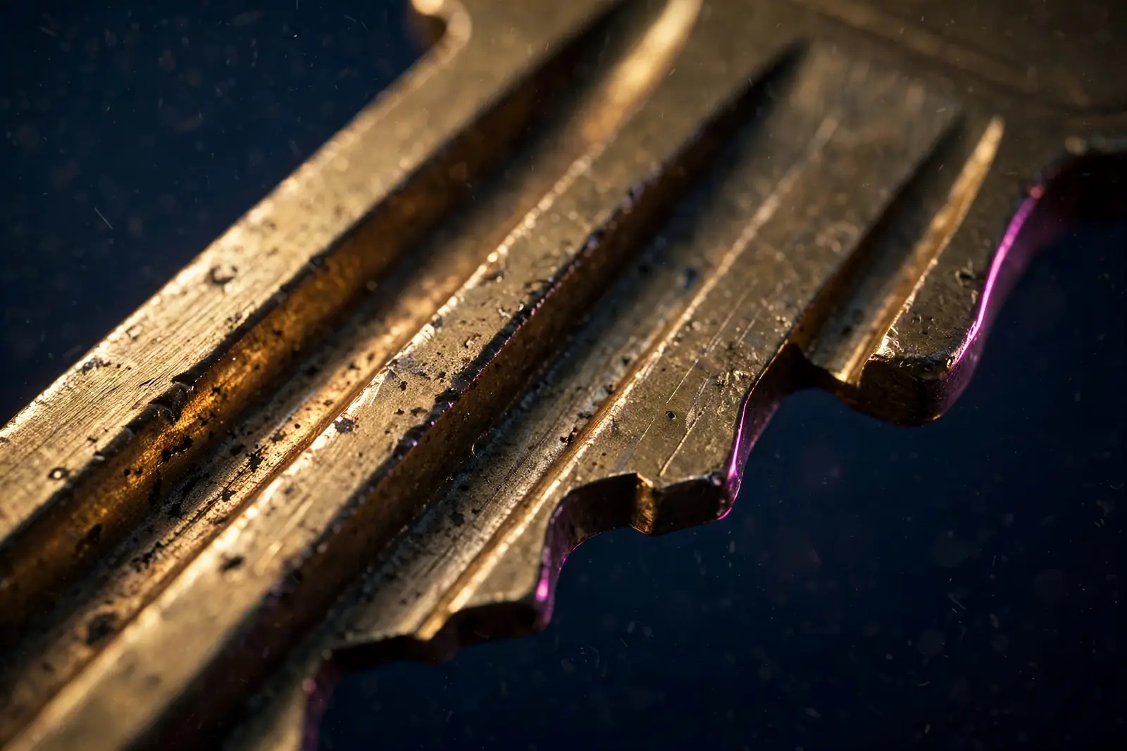 Close-up of a cut brass key, the bitting teeth catching the light