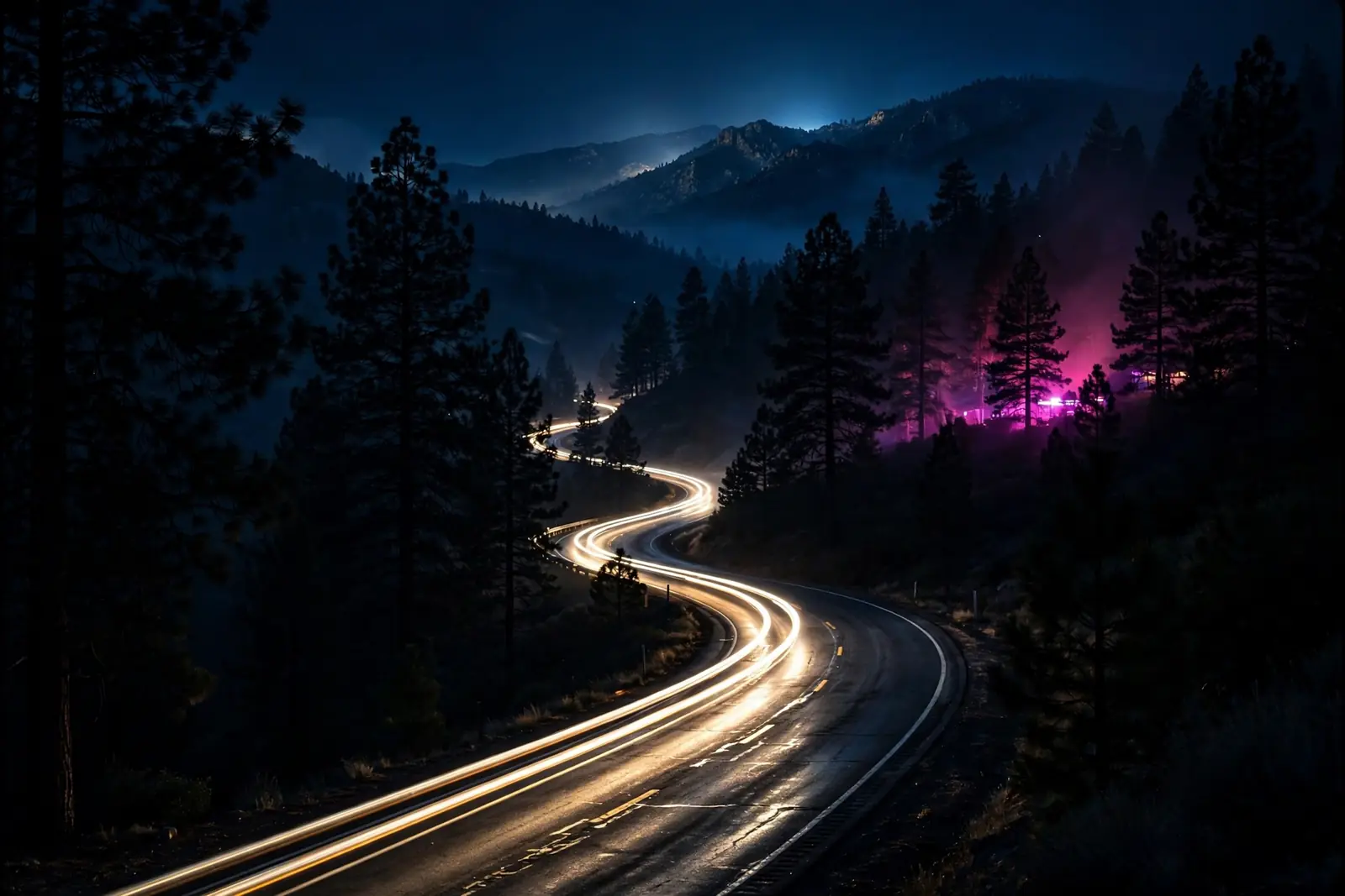A mountain highway at night, headlights on the asphalt, the road to a lockout call
