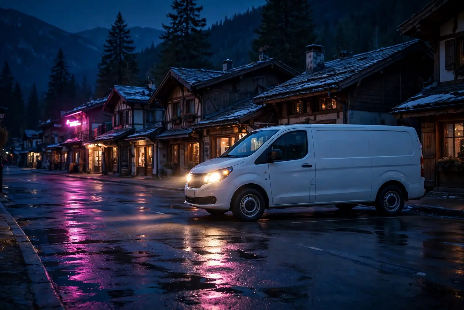 A service van parked on a mountain town street at night, ready for a call